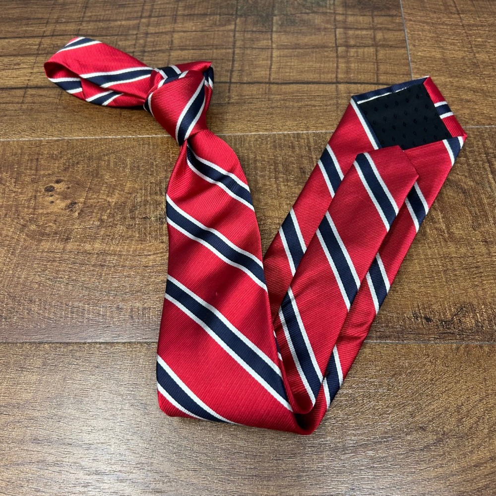 Allen Edmonds Collection Red &‎ Navy Striped 100% Silk Necktie USA